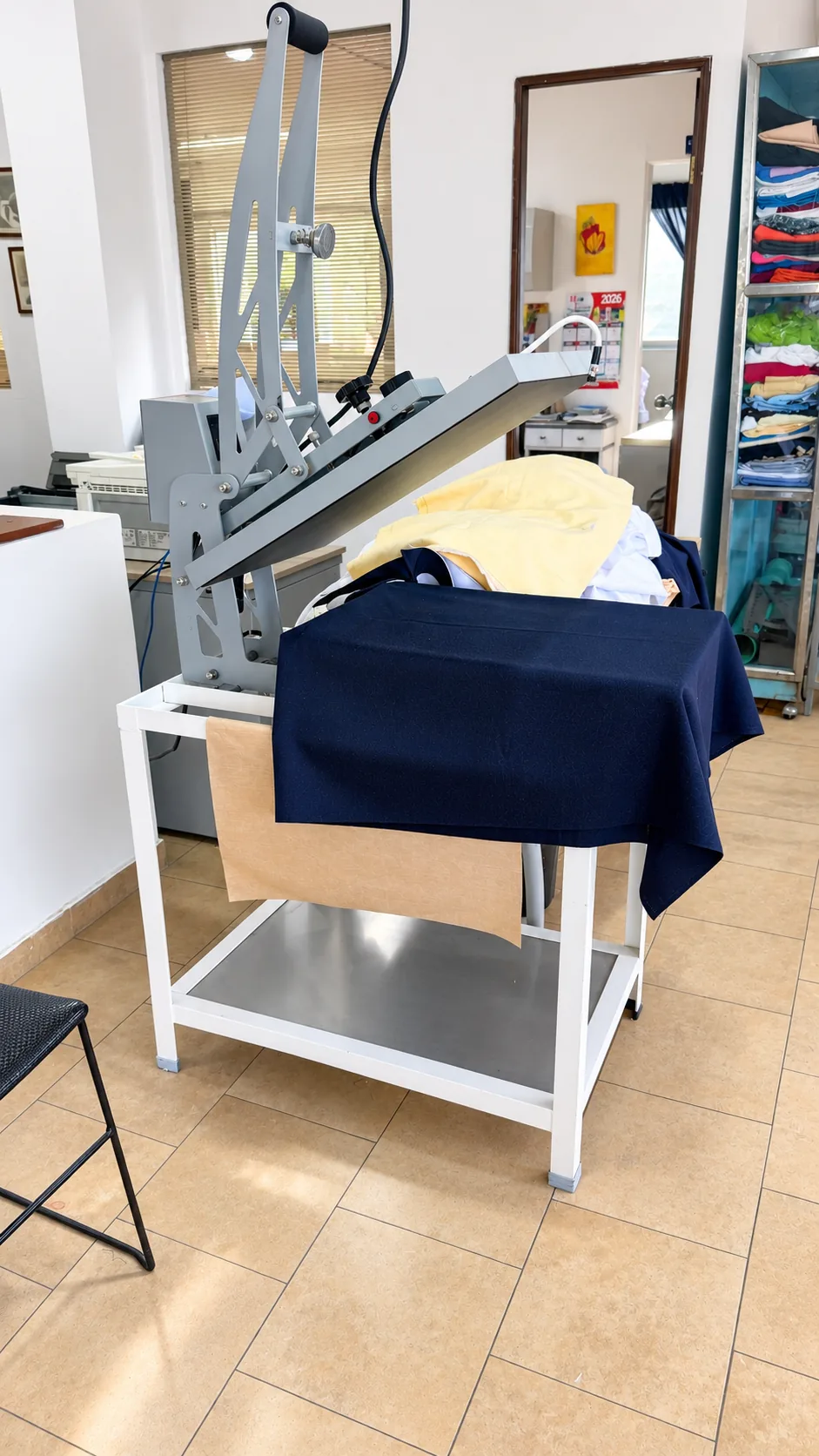Prensa térmica de estampado DTF en el taller de Isamoda